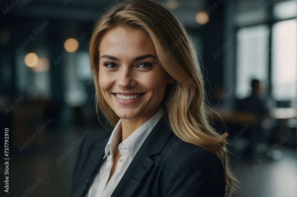 Fototapeta premium Smiling Woman At Office Caught In Photo. Сoncept Office Portraits, Professional Headshots, Business Casual Poses, Confidence In The Workplace,businesswoman with team in the background.