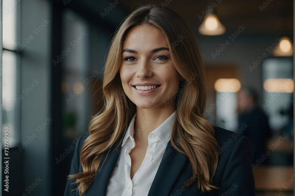 Fototapeta premium Smiling Woman At Office Caught In Photo. Сoncept Office Portraits, Professional Headshots, Business Casual Poses, Confidence In The Workplace,businesswoman with team in the background.