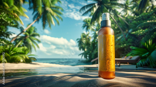 Beach Day Essentials: Sunscreen Bottles Against a Tropical Backdrop, Protection from the Suns Rays on Vacation © Rabbi