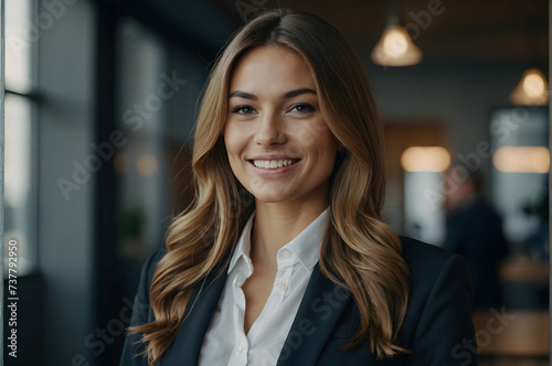 Smiling Woman At Office Caught In Photo. Сoncept Office Portraits, Professional Headshots, Business Casual Poses, Confidence In The Workplace,businesswoman with team in the background.