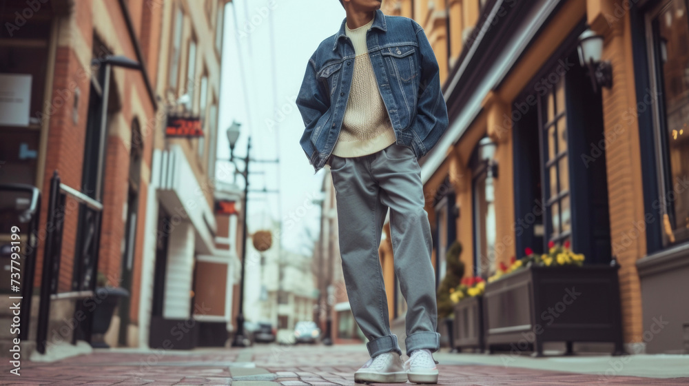 A laidback denim jacket layered over a soft knit sweater paired with tailored trousers and chunky sneakers for a comfortable yet stylish day look. A laidback denim jacket layered over a soft knit sweater paired with tailored trousers and chunky sneakers for a comfortable yet stylish day look.