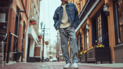 A laidback denim jacket layered over a soft knit sweater paired with tailored trousers and chunky sneakers for a comfortable yet stylish day look. photo