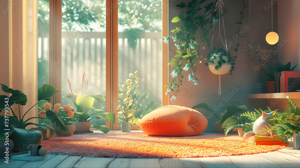 Lofi living room of a house with a orange pillows and plants inside ...