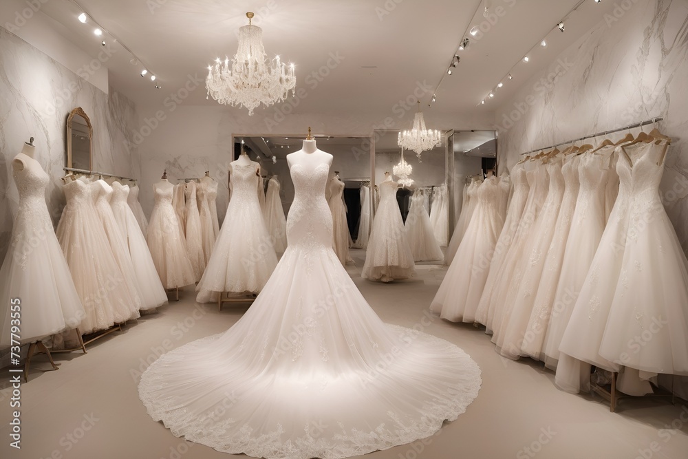 A stunning wedding dress is located in the center, surrounded by a variety of exquisite dresses in a wedding shop setting