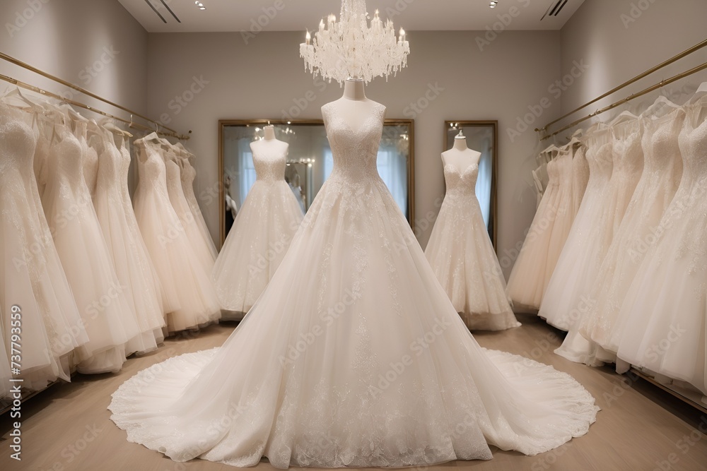 A stunning wedding dress is located in the center, surrounded by a variety of exquisite dresses in a wedding shop setting A stunning wedding dress is located in the center, surrounded by a variety of exquisite dresses in a wedding shop setting