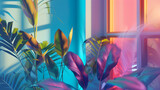 3D image neon colorful of tropical leaves