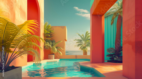 3D architecture design with geometric shapes and palm tree