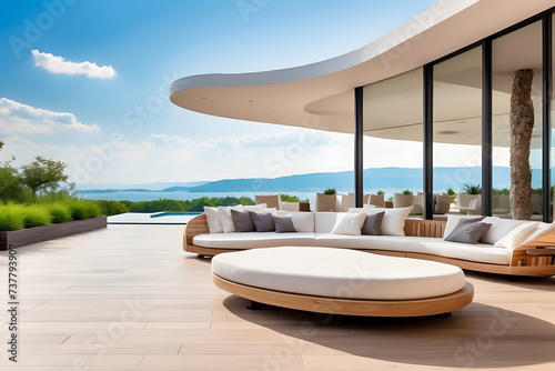 Luxurious outdoor lounges and terraces with panoramic views of nature, elegant modern and contemporary architectural landscape designs, and real estate architecture for vacation getaways and leisure.