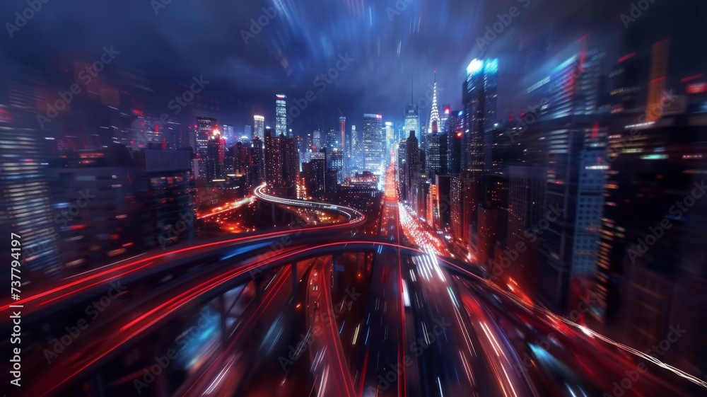 Dynamic Urban Speedway at Night - High-speed motion blur captures the energy of a city's pulse, with streaks of light guiding the eye through the urban landscape at night.