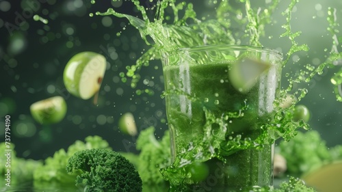Vibrant Green Smoothie Splash - A dynamic image capturing the essence of healthy living with a splash of green smoothie amidst flying kale and apple pieces. Perfect for illustrating nutrition, vitalit photo