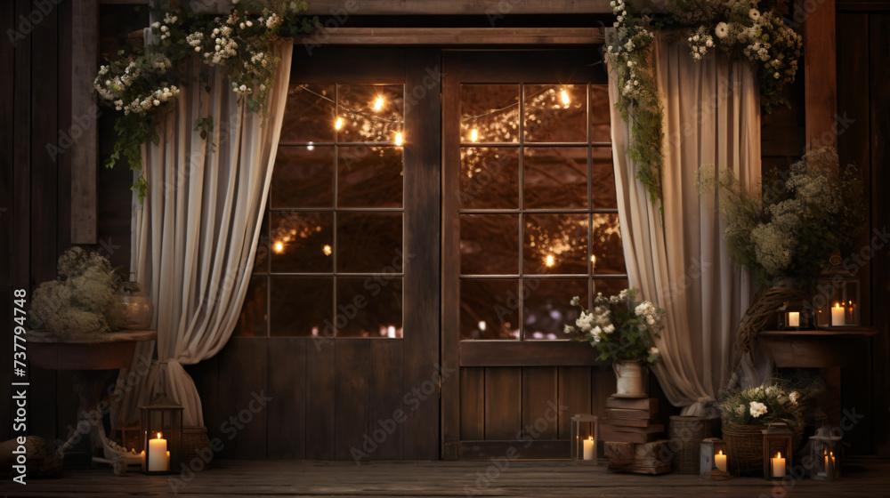 A barn door with two vases of flowers and a candle.