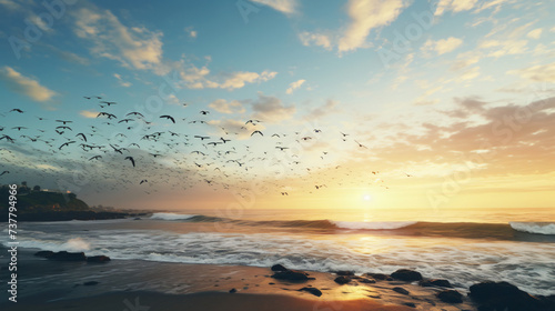 A beach that has some birds flying in the sky.