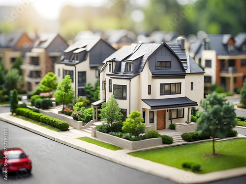 For use in the real estate housing market or development project investment, a miniature architectural model maquette in the current contemporary style of a townhouse neighborhood is created utilizing © Mahmud