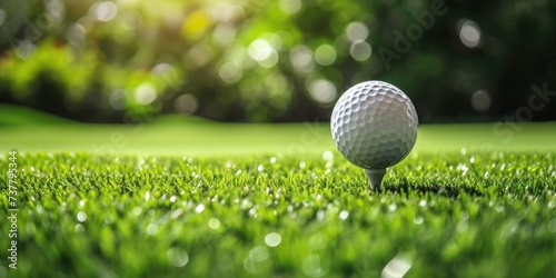 Closeup Golf ball on tee on golf course on green grass copy space