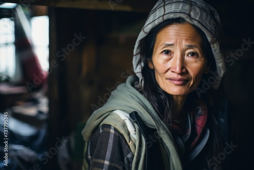 Photo of Smiling homeless woman, 50 years old, Asian, seeking refuge in a community center, where compassion and support create a sense of belonging