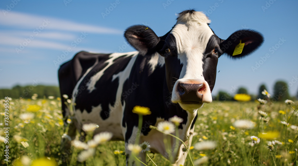A black cow with white spots grazes on a flower-covered field.
