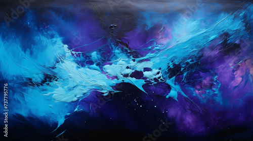 A blue and purple abstract painting on a black background.
