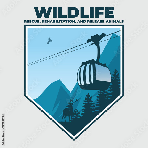 Wildlife Explore Emblem with Gondola Lift and Nature Mountain Background