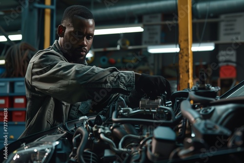 Mechanic working on car engine in auto repair shop
