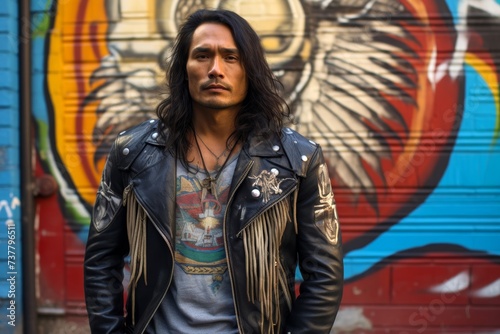 Native American man 35, wearing a leather jacket and jeans, standing confidently in front of a street art mural in the city