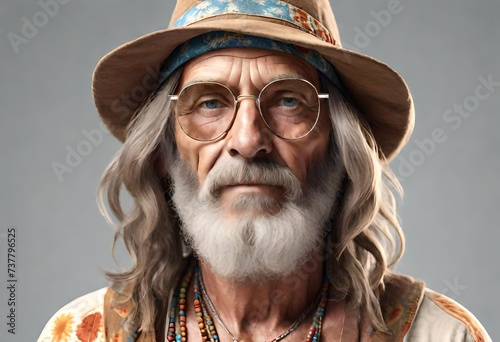 an isolated senior man retro vintage hippie with long hair and beard and hippie clothes from the 1960s and 1970s