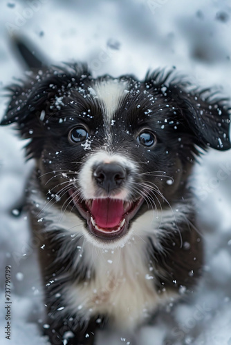 Black and white dog with snow on its fur and look of happiness.