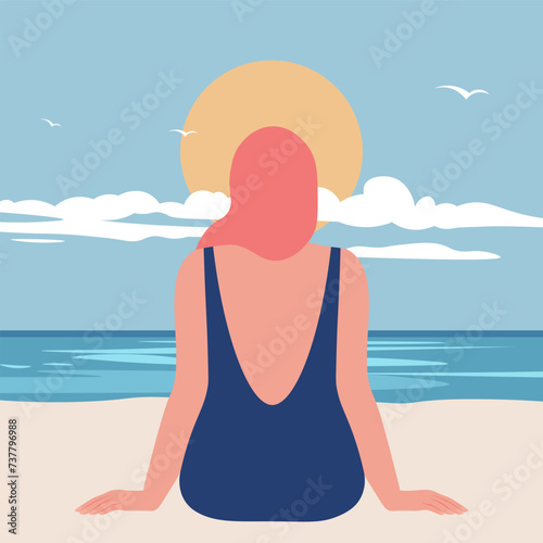 A curve redhead woman sits alone on a sandy beach, enjoying the view of the sea. View from the back. Summer vacation at southern resorts. Vector flat illustration