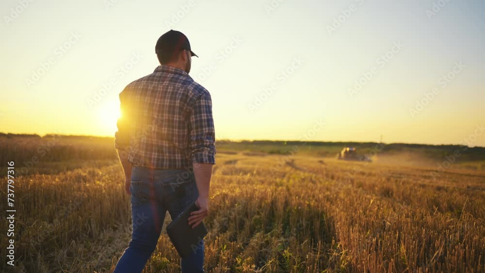 Farmer adult man in cap with tablet working on field controls working of combine harvester harvesting ripe wheat at sunset, rear view. Food production, farmland, farm industry, agribusiness concept. Farmer adult man in cap with tablet working on field controls working of combine harvester harvesting ripe wheat at sunset, rear view. Food production, farmland, farm industry, agribusiness concept.