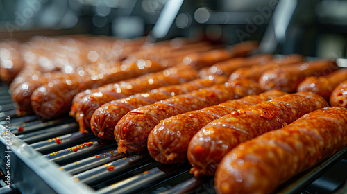 Production of smoked sausages in a factory, food industry concept photo