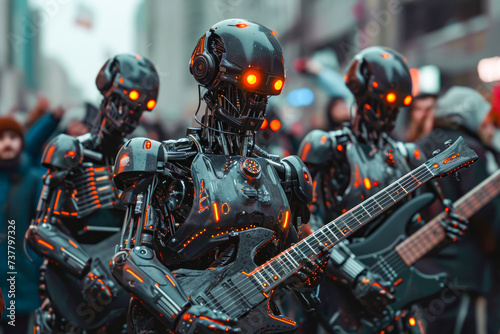 Group of robots with glowing red eyes and black bodies are playing guitar. photo
