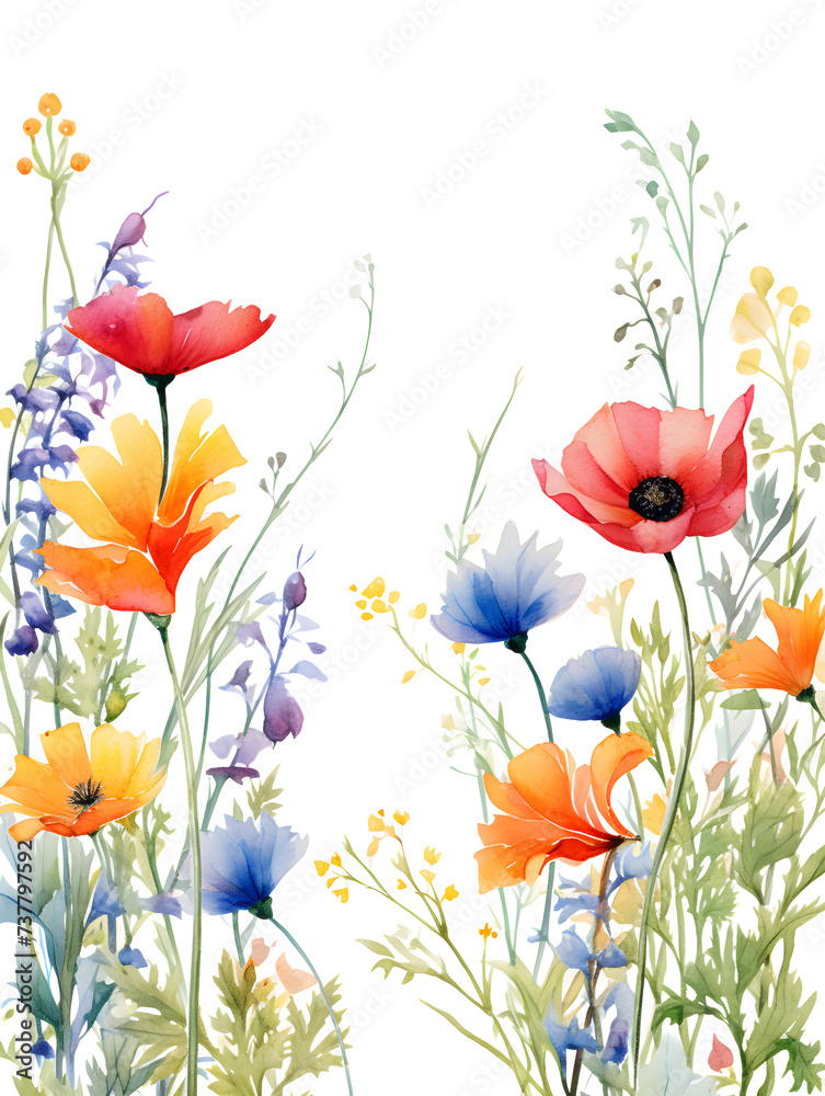 Watercolor colorful wild flowers on white background 