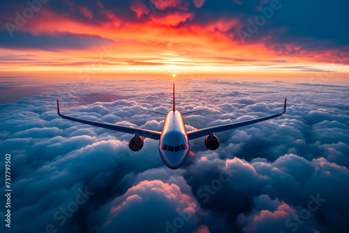 Airplane is flying through cloudy sky at sunset creating impressive view with the setting sun in the background.