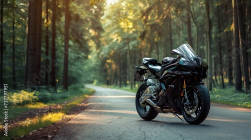 Black sports motorcycle on a forest road with green tall trees in a background