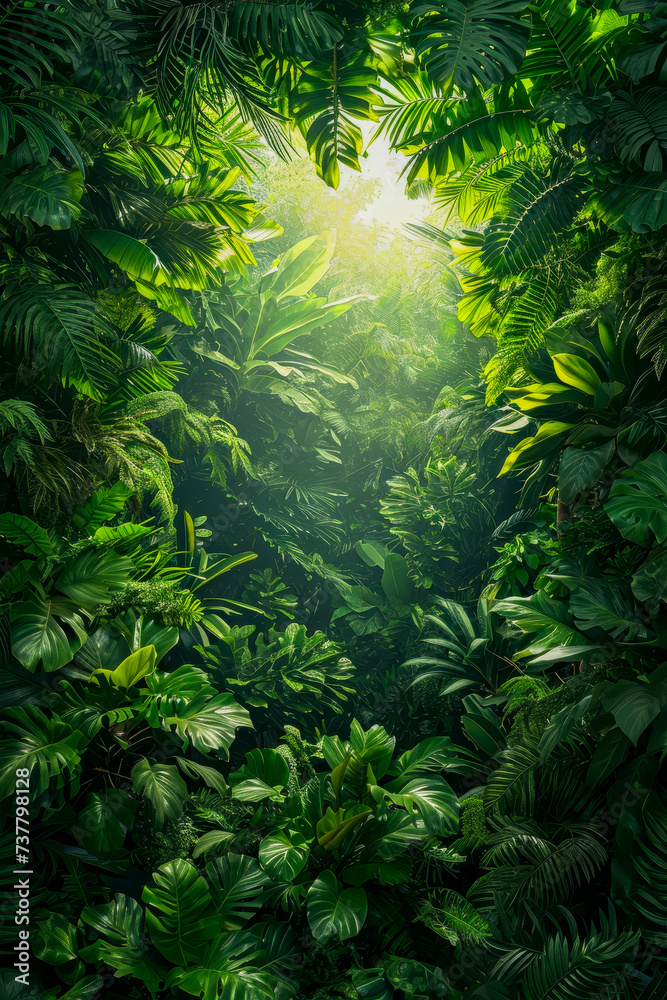 View of lush green forest from deep within it.