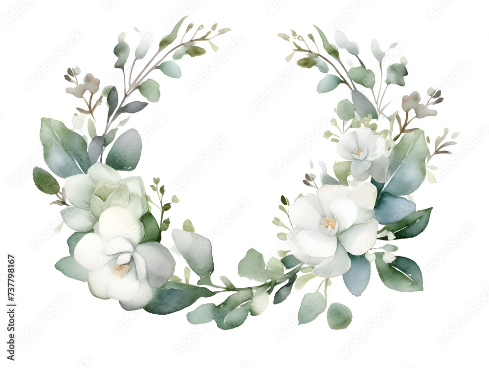 Watercolor floral frame wreath with white flowers and green leaves on white background and copy space