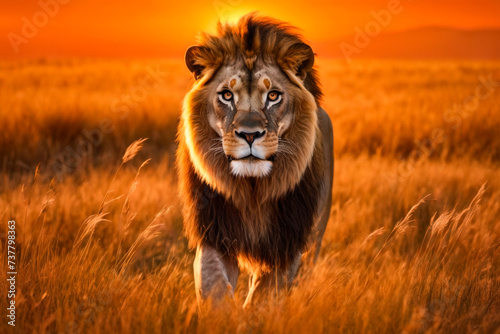 Lion walks through field of tall grass with sunset in the background.