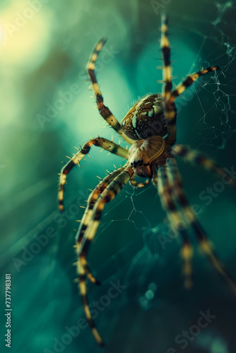 Spider with yellow and black head sitting on green background.