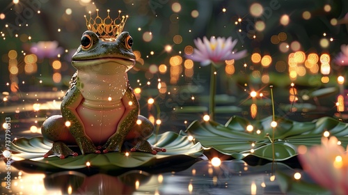 A frog wearing a crown, seated on a lily pad throne within a magical pond setting. Fairy tale illustration. 