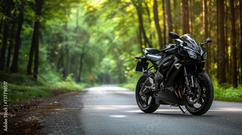 Black sports motorcycle on a forest road with green tall trees in a background