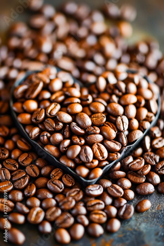 Black heart is surrounded by many coffee beans.
