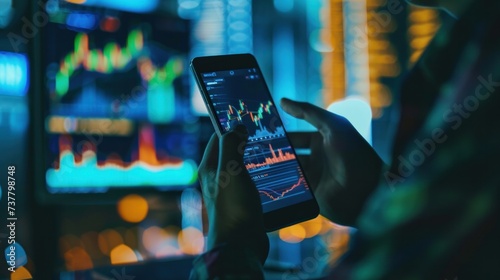 Trader looking to charts on mobile phone, trading chart on the computer screen, cryptocurrency or stock exchange market analysis