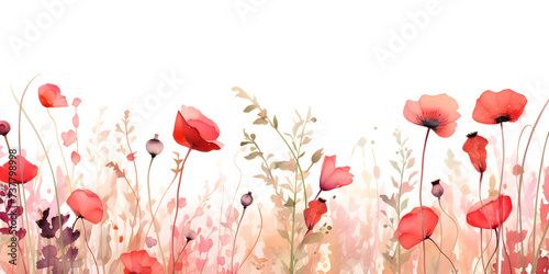 Watercolor red wild flowers  abstract floral background 