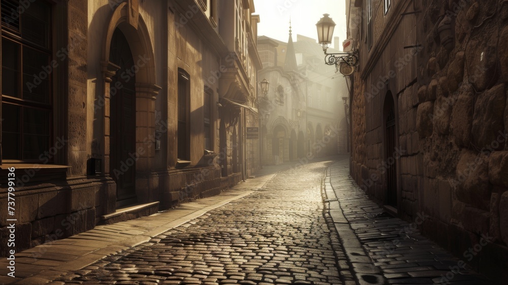 Historic European Street at Dawn - The first light of day illuminates a cobblestone street in a charming European town
