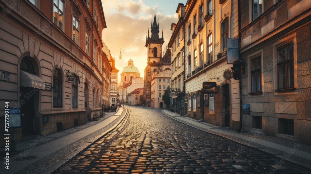 Golden Hour Cityscape - The sun casts a warm glow over the cobblestone streets of an ancient city