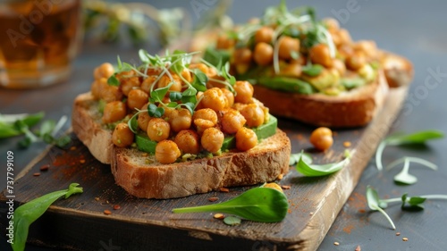 Gourmet Avocado Chickpea Toast - Artisanal bread with avocado slices and spiced chickpeas, garnished with microgreens.