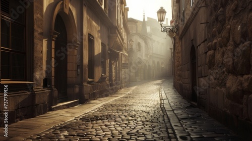 Historic European Street at Dawn - The first light of day illuminates a cobblestone street in a charming European town