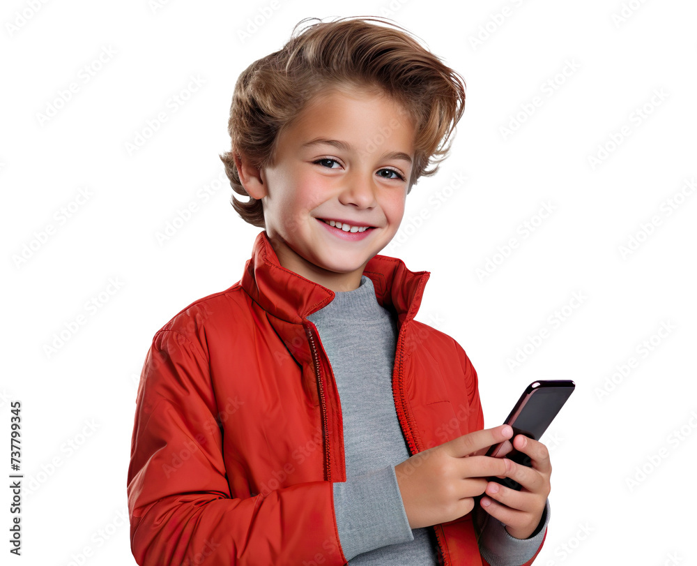 Happy young boy holding cellphone, cut out Happy young boy holding cellphone, cut out