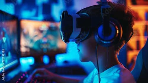 Side view of a young gamer with a VR headset and headphones, immersed in an interactive computer game with vivid blue lighting.