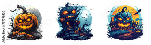 Halloween vector art set with pumpkins and ghosts. design for t shirt, isolated on transparent png