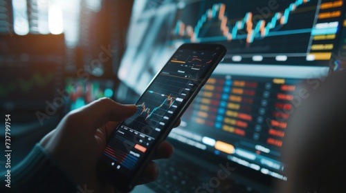 Crypto trader checking the market on his phone and computer, stock market and cryptocurrency exchanges charts on screens